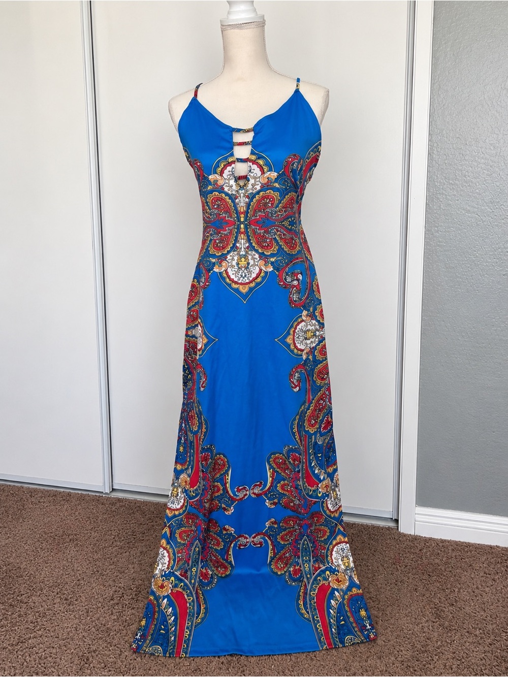 Blue Paisley Strappy Open Back Maxi Dress Size XL